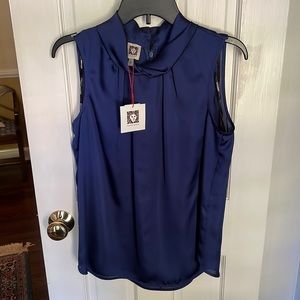 Anne Klein Silky Navy Blue Mock Neck Sleeveless Top